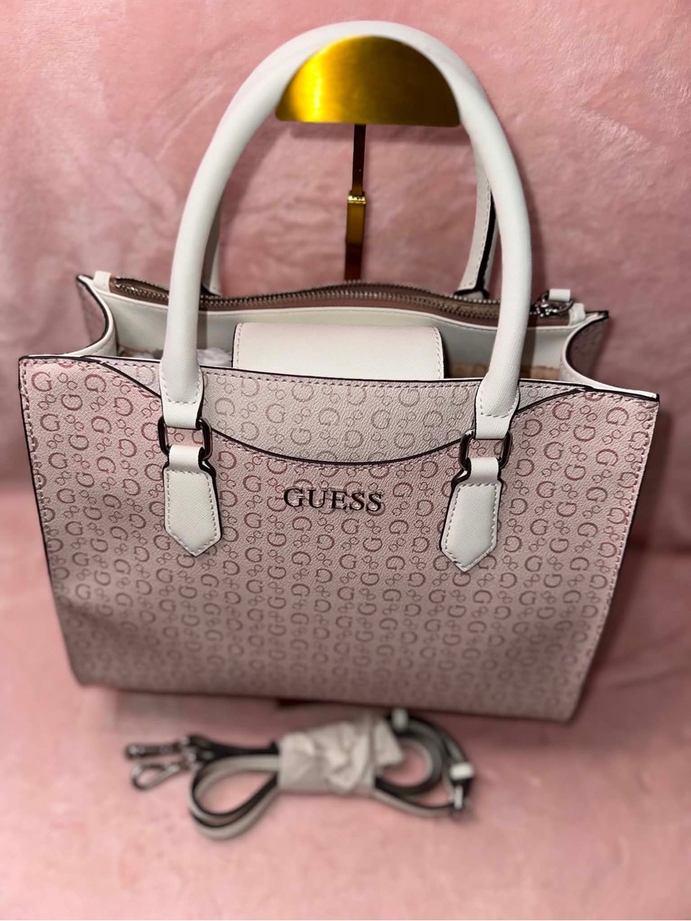 GUESS Pink Logo Satchel with White Handles and Strap - Picture 2 of 5